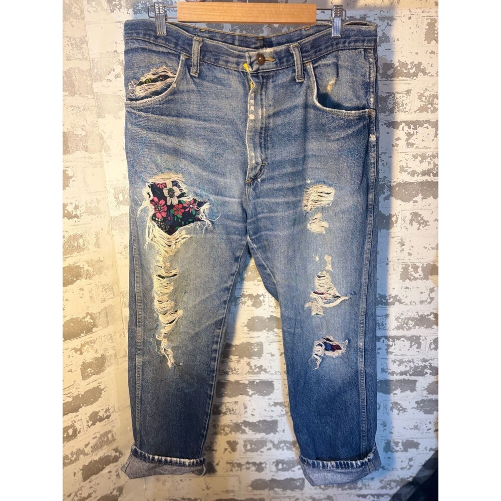 Upcycled Rustler VTG Distressed 100% cotton Denim Jeans w/ Floral inserts